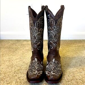 Wildflower Bluebonnet Brown Embroidered Women's Cowboy Boots size 9 NWOT
